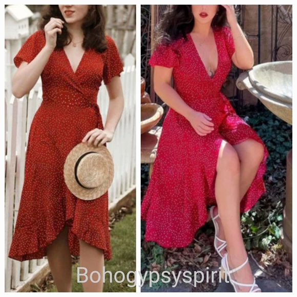 NWT Rihoas Red & White PolkaDot Wrap Midi Dress, Medium - Picture 12 of 17